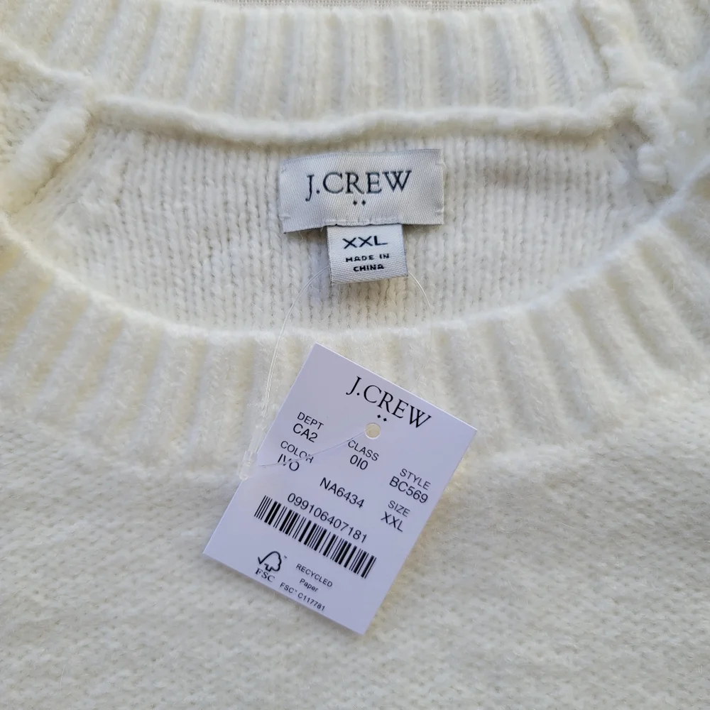 New! J.Crew XXL XX-Large Ivory White Honeycomb Balloon-Sleeve Sweater Top NWT